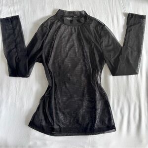 Black Fitted Sheer Mesh Long Sleeve Blouse